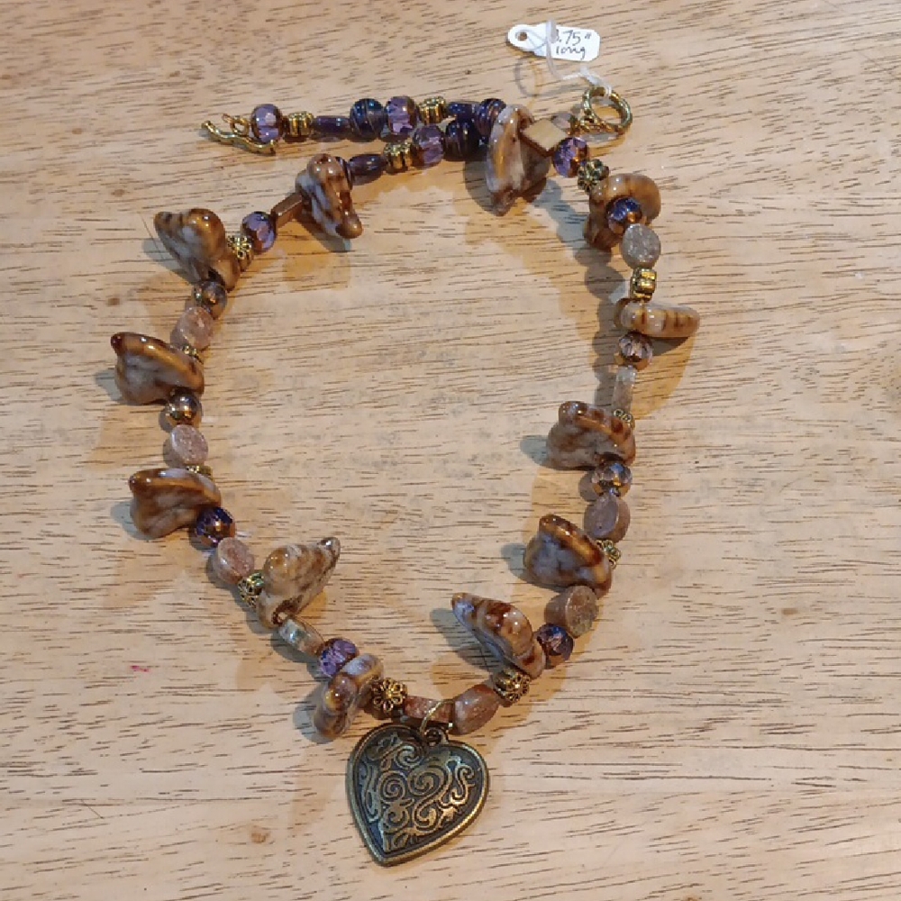 Handmade Chunky Brown and Purple Heart Pendant Necklace